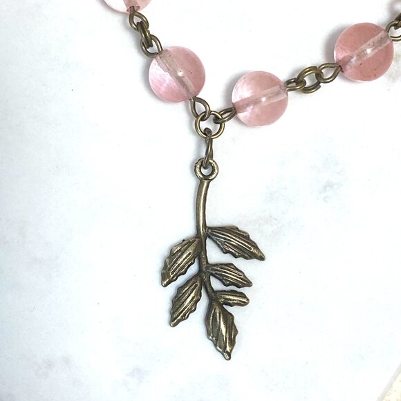 Cute Cherry Quartz Bronze Leaf Branch Pendant Adjustable Choker - Picture 5 of 16